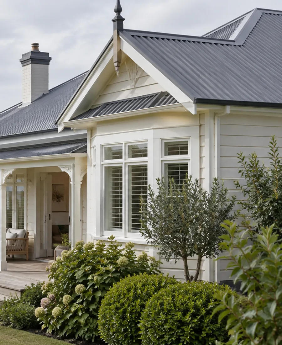 Roof-focused architectural photograph of an established timber villa with pale cladding and a grey metal roof in a leafy Auckland-style residential setting