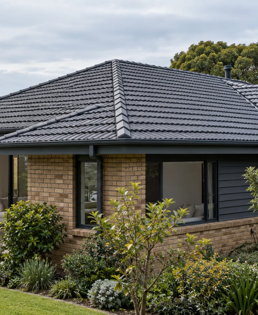 Roof-focused architectural photograph of a modest brick-and-timber house with concrete roof tiles in a leafy Auckland-style residential setting