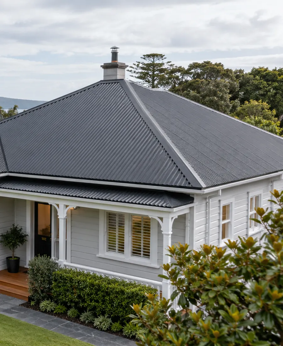 Roof-focused architectural photograph of a single-storey weatherboard bungalow with a charcoal corrugated roof in a leafy Auckland-style residential setting