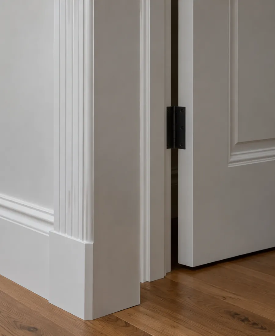Interior architectural detail of painted skirting boards and door architraves beside a timber floor in an Auckland home